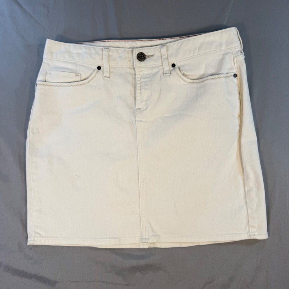 Eddie Bauer White Denim Mini Skirt Size 2 Petite Y2K Preppy Americana Coastal